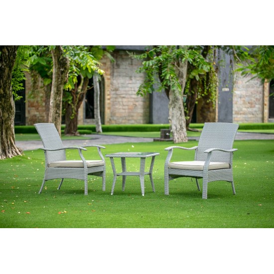 3Pc Outdoor-Furniture Natural Color Wicker Dining Set, Patio Tea Table, 2 Balcony Backyard Armchair, Cushion, Small