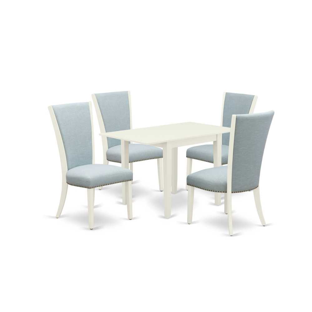 A Dinette Set Of 4 Amazing Kitchen Dining Chairs, Baby Blue Color, Drop Leaf Rectangle Table, Linen White Color