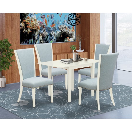 A Dinette Set Of 4 Amazing Kitchen Dining Chairs, Baby Blue Color, Drop Leaf Rectangle Table, Linen White Color