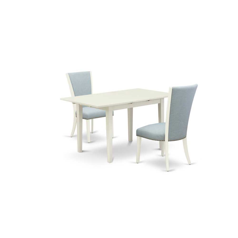 A Dining Set Of Two Kitchen Chairs, Baby Blue Color, 12" Butterfly Leaf Rectangle Table, Linen White Color