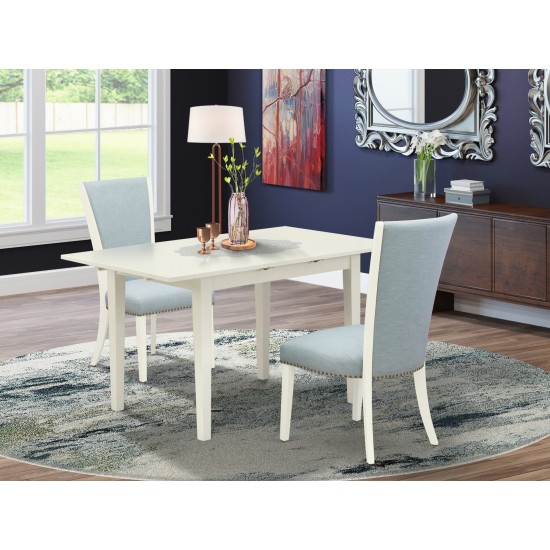 A Dining Set Of Two Kitchen Chairs, Baby Blue Color, 12" Butterfly Leaf Rectangle Table, Linen White Color