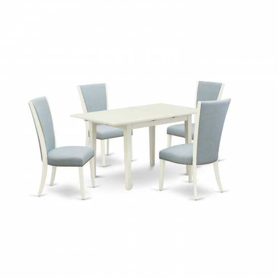 A Dining Set Of 4 Chairs, Baby Blue Color, Dinner Table, Linen White Color