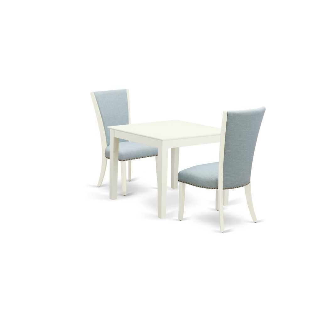 A Dining Set Of 2 Indoor Chairs, Baby Blue Color, Gorgeous Square Table, Linen White Color