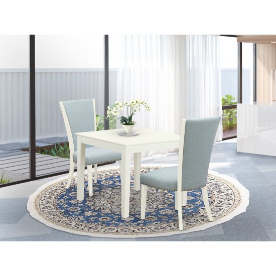 A Dining Set Of 2 Indoor Chairs, Baby Blue Color, Gorgeous Square Table, Linen White Color