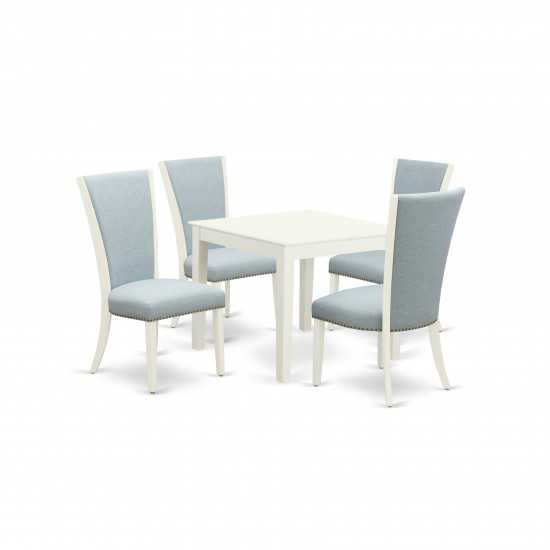 A Dining Set Of 4 Chairs, Baby Blue Color, Lovely Square Table, Linen White Color