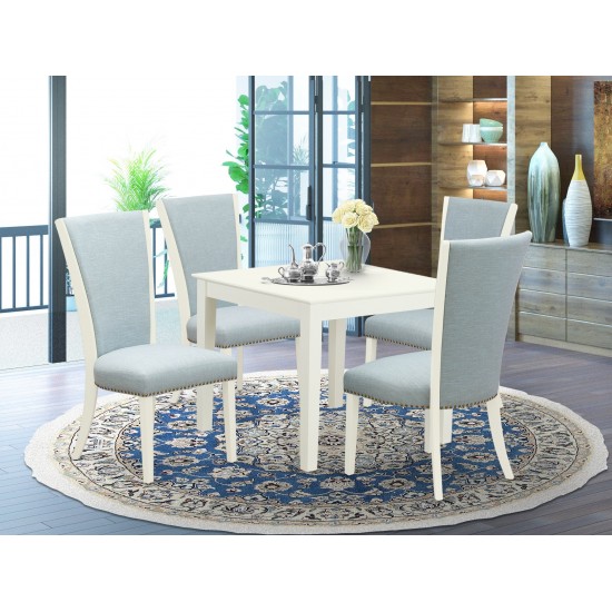 A Dining Set Of 4 Chairs, Baby Blue Color, Lovely Square Table, Linen White Color