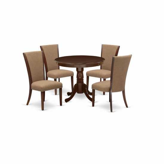 A Pedestal Kitchen Set Of 4 Chairs Using Light Sable Color, Beautiful 36" Round Dining Table In Mahogany Finish