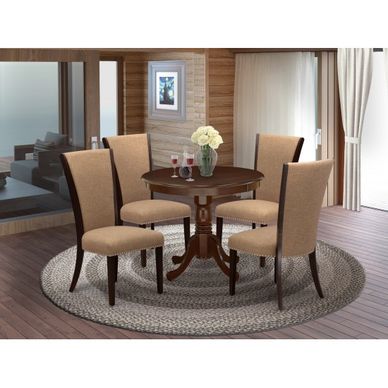 A Pedestal Kitchen Set Of 4 Chairs Using Light Sable Color, Beautiful 36" Round Dining Table In Mahogany Finish