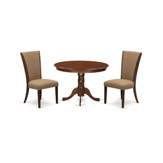 A Dining Set Of Two Fantastic Kitchen Chairs, Light Sable Color, Lovely 42-Inch Antique Table In Mahogany Finish