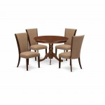 A Dining Set Of 4 Chairs Using Light Sable Color, 42-Inch Round Table, Mahogany Finish