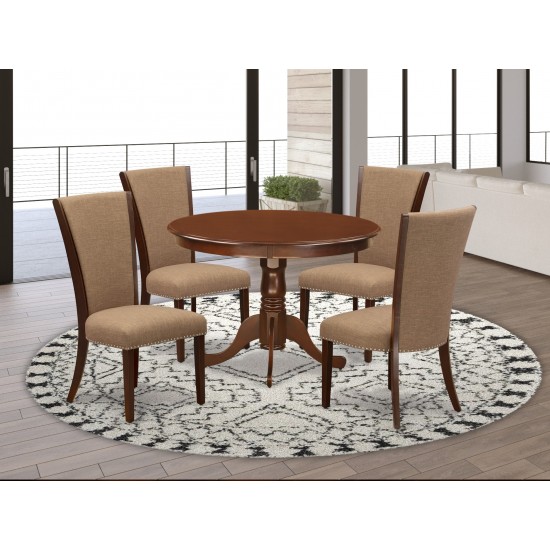 A Dining Set Of 4 Chairs Using Light Sable Color, 42-Inch Round Table, Mahogany Finish