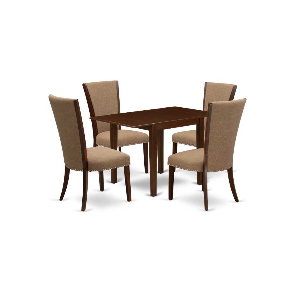 A Dining Set Of 4 Wonderful Chairs, Light Sable Color, Drop Leaf Rectangle Wooden Table, Mahogany Finish