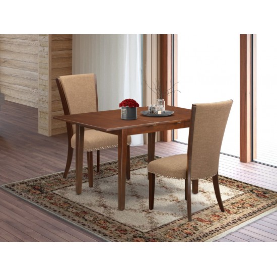 A Dining Set Of 2 Parson Chairs, Light Sable Color, 12" Butterfly Leaf Rectangle Table, Mahogany Finish