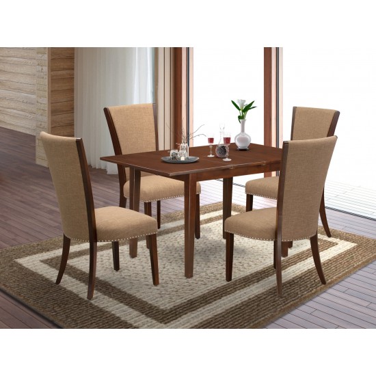 A Dining Set Of 4 Parson Chairs Using Light Sable Color, Gorgeous Wood Kitchen Table In Mahogany Finish