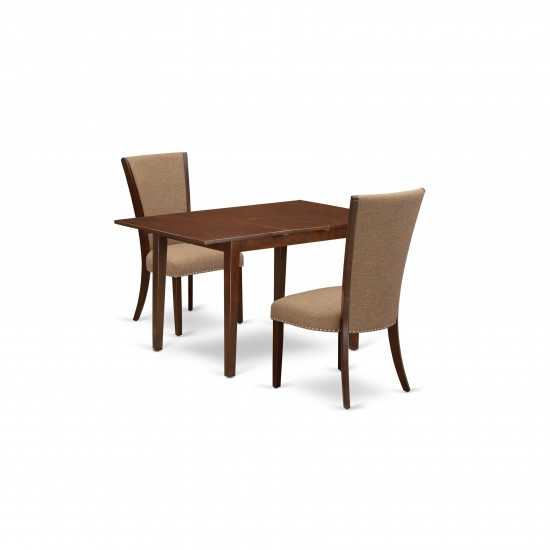 A Dinette Set Of 2 Indoor Dining Chairs Using Light Sable Color, 12" Butterfly Leaf Rectangle Table In Mahogany Finish