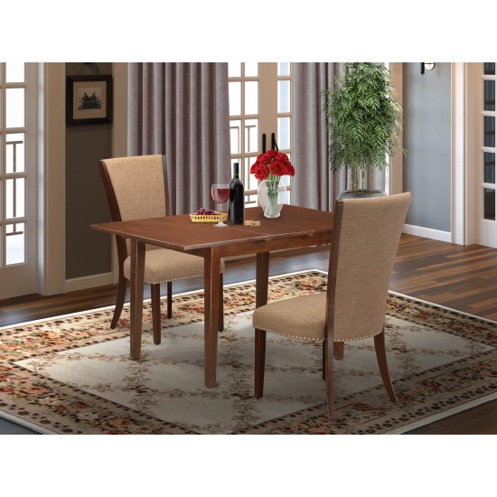 A Dinette Set Of 2 Indoor Dining Chairs Using Light Sable Color, 12" Butterfly Leaf Rectangle Table In Mahogany Finish