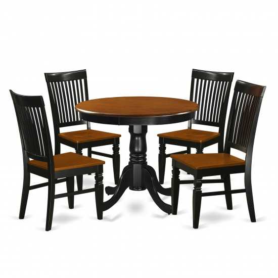 5 Pc Kitchen Set, Dining Table, 4 Wood Seat Kitchen Chairs In Black, Cherry