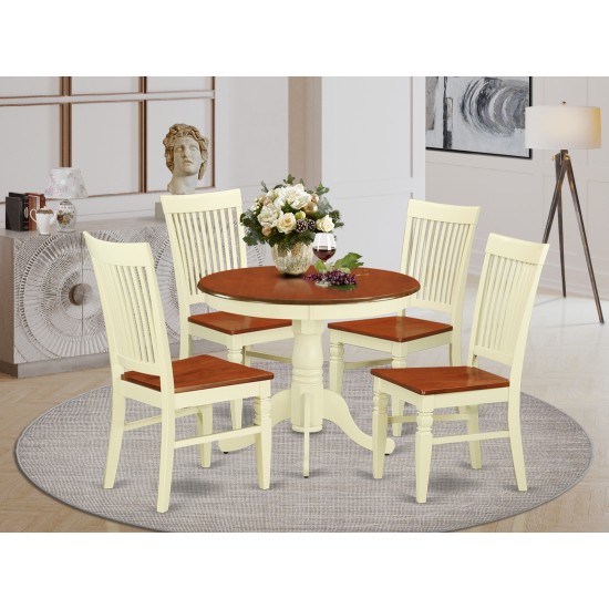 5 Pc Dining Set, Kitchen Table, 4 Wood Seat Kitchen Chairs In Buttermilk, Cherry