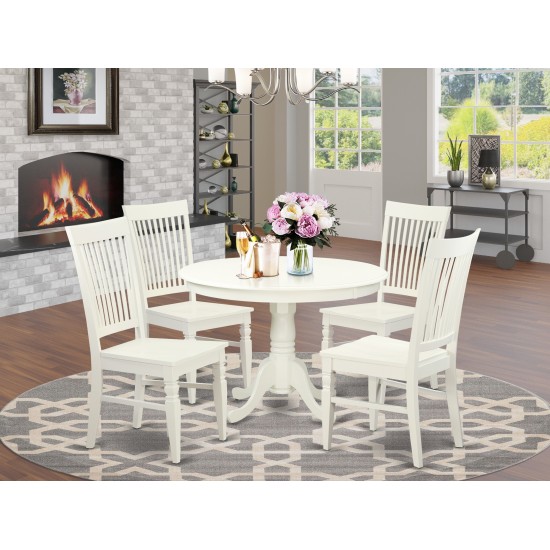 5 Pc Set With A Round Dinette Table And 4 Wood Dinette Chairs In Linen White