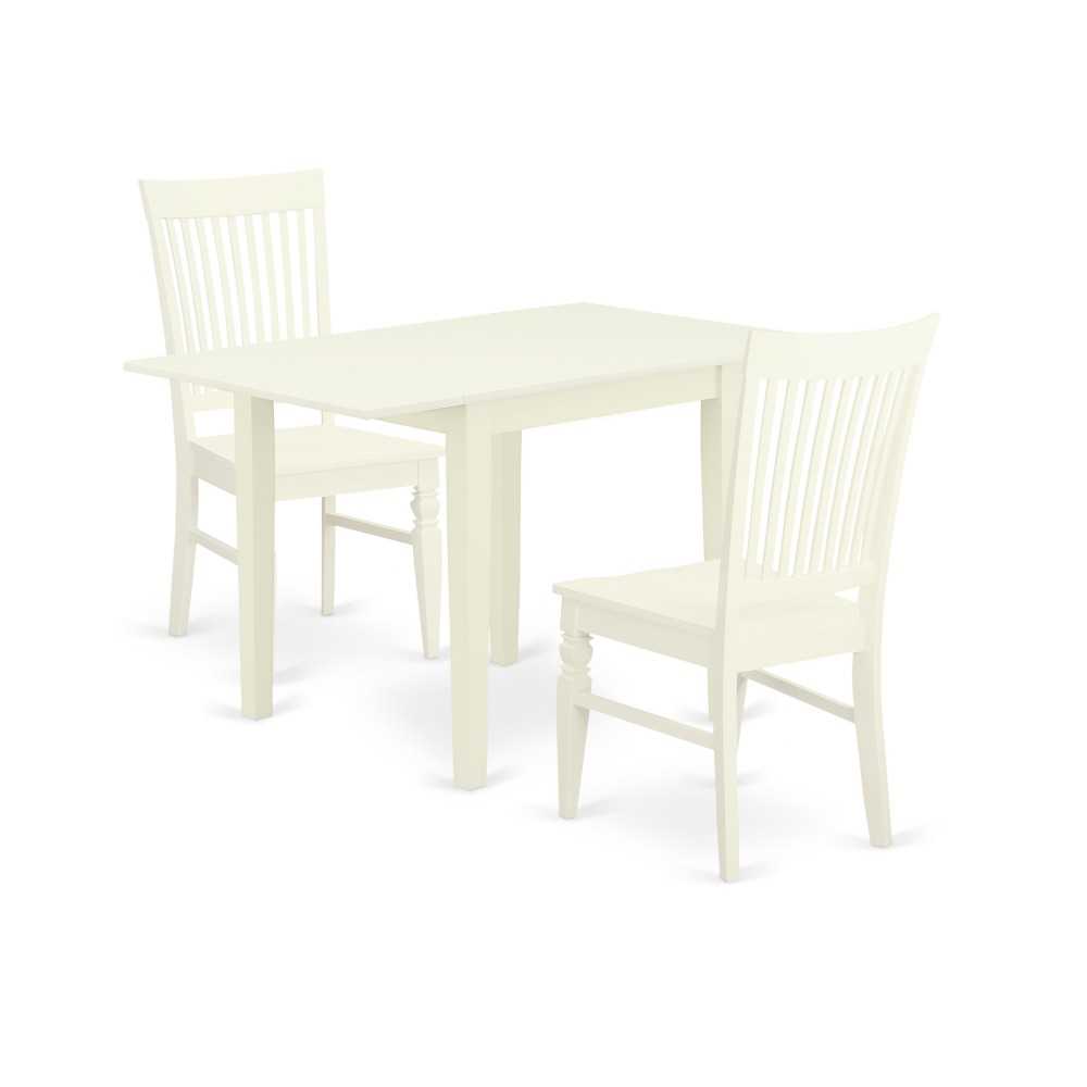 3Pc Wood Dining Set, A Drop Leaf Table, 2 Chairs, Solid Wood Seat, Slat Back, Linen White Finish