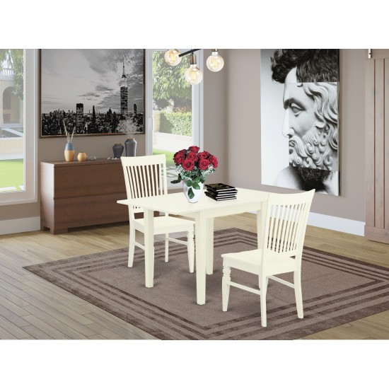 3Pc Wood Dining Set, A Drop Leaf Table, 2 Chairs, Solid Wood Seat, Slat Back, Linen White Finish