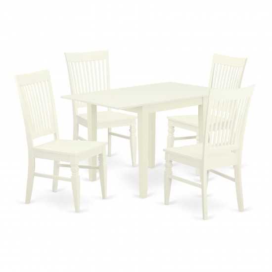 5Pc Kitchen Set Features A Small Kitchen Table, 4 Dining Chairs, Solid Wood Seat, Slat Back, Linen White Finish