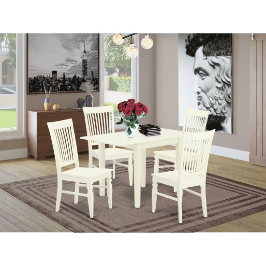 5Pc Kitchen Set Features A Small Kitchen Table, 4 Dining Chairs, Solid Wood Seat, Slat Back, Linen White Finish