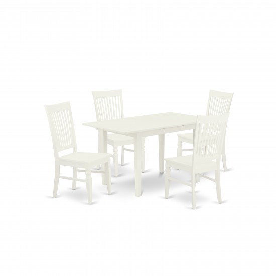 5Pc Dinette Set 4 Wood Dining Chairs, Butterfly Leaf Table, Linen White