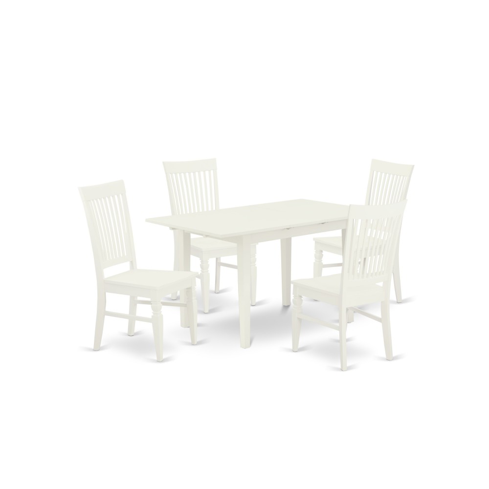 5Pc Dinette Set 4 Wood Dining Chairs, Butterfly Leaf Table, Linen White