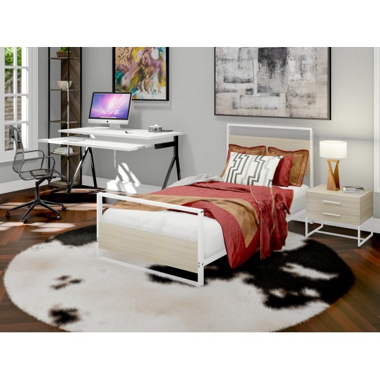 Erie Wood Bed Frame, 4 Wood Legs Lavish Bed In Powder Coating White Color, White Wood Laminate