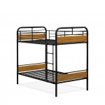 Hedley Bunk Bed Frame, 4 Metal Legs Magnificent Twin Bed In Powder Coating Black Color, Brown Wood Laminate