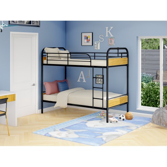 Hedley Bunk Bed Frame, 4 Metal Legs Magnificent Twin Bed In Powder Coating Black Color, Brown Wood Laminate