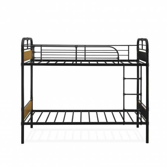 Hedley Bunk Bed Frame, 4 Metal Legs Magnificent Twin Bed In Powder Coating Black Color, Brown Wood Laminate