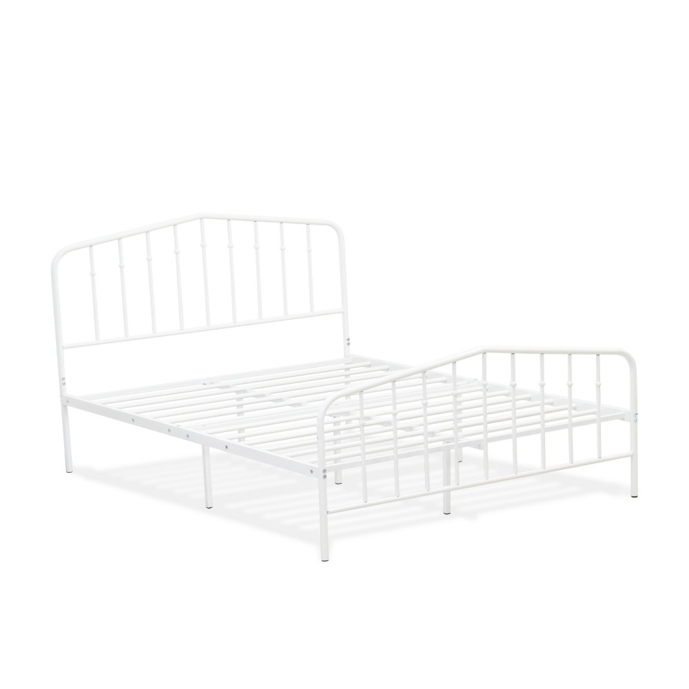 Kemah Full Bed Frame, 3 Supporting Metal Legs Deluxe Bed In Powder Coating White Color