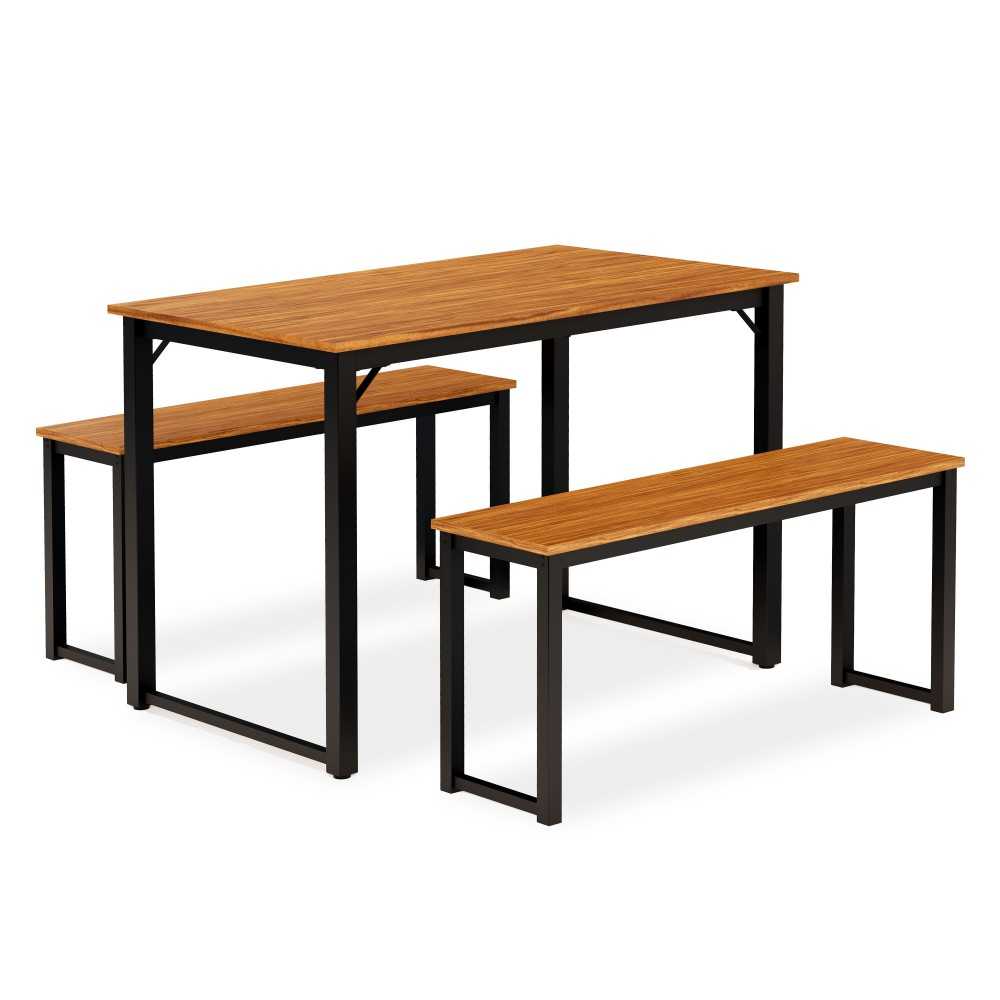 Parmer 3 Pc Kitchen Set, 1 Dining Table, 2 Benches, Dining Table & Chairs Set In Powder Coating Black Color, Brown Wood Lamin Parmer 3 Pc Kitchen Set, 1 Dining Table, 2 Benches, Dining Table & Chairs Set In Powder Coating Black Color, Brown Wood Lamin
