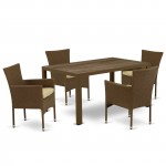 5Pc Outdoor-Furniture Brown Wicker Dining Set, Patio Table, 4 Balcony Backyard Armchair, Cushion