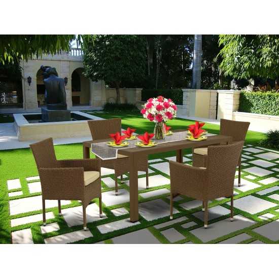 5Pc Outdoor-Furniture Brown Wicker Dining Set, Patio Table, 4 Balcony Backyard Armchair, Cushion