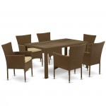 7Pc Outdoor-Furniture Brown Wicker Dining Set, Patio Table, 6 Balcony Backyard Armchair, Cushion