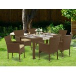 7Pc Outdoor-Furniture Brown Wicker Dining Set, Patio Table, 6 Balcony Backyard Armchair, Cushion