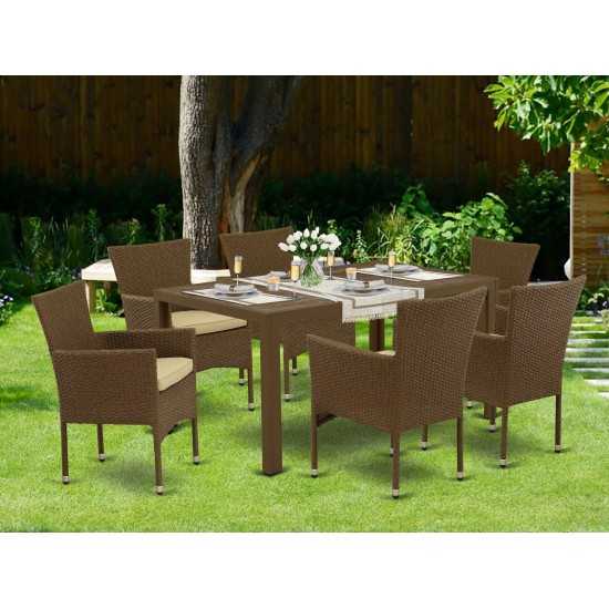 7Pc Outdoor-Furniture Brown Wicker Dining Set, Patio Table, 6 Balcony Backyard Armchair, Cushion