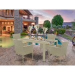 5Pc Outdoor-Furniture Natural Color Wicker Dining Set, Patio Table, 4 Balcony Backyard Armchair, Cushion