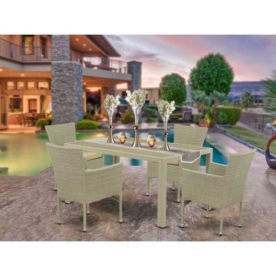 5Pc Outdoor-Furniture Natural Color Wicker Dining Set, Patio Table, 4 Balcony Backyard Armchair, Cushion