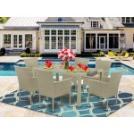 7Pc Outdoor-Furniture Natural Color Wicker Dining Set, Patio Table, 6 Balcony Backyard Armchair, Cushion