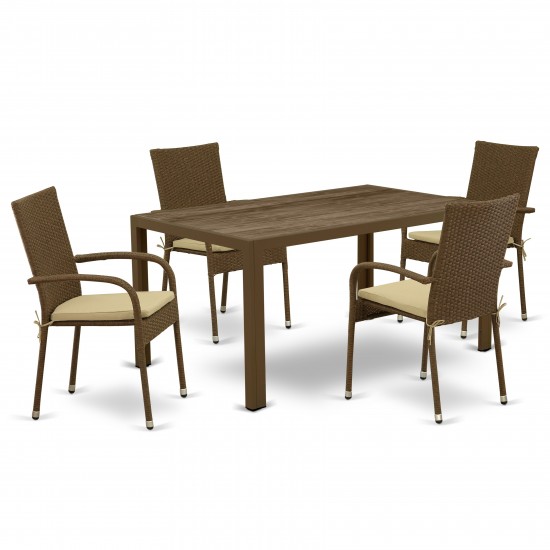 5Pc Outdoor-Furniture Brown Wicker Dining Set, Patio Table, 4 Balcony Backyard Armchair, Cushion