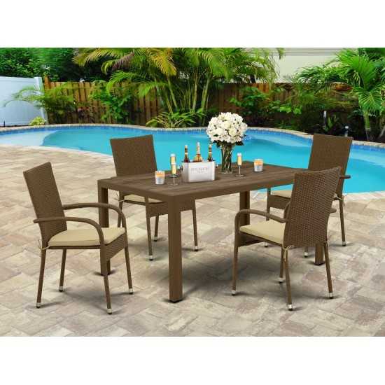 5Pc Outdoor-Furniture Brown Wicker Dining Set, Patio Table, 4 Balcony Backyard Armchair, Cushion