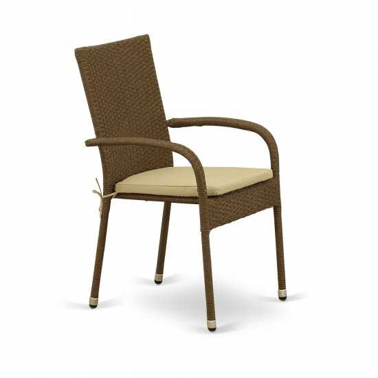 5Pc Outdoor-Furniture Brown Wicker Dining Set, Patio Table, 4 Balcony Backyard Armchair, Cushion