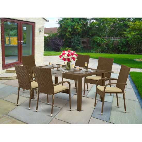 7Pc Outdoor-Furniture Brown Wicker Dining Set, Patio Table, 6 Balcony Backyard Armchair, Cushion