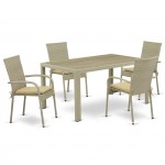 5Pc Outdoor-Furniture Natural Color Wicker Dining Set, Patio Table, 4 Balcony Backyard Armchair, Cushion