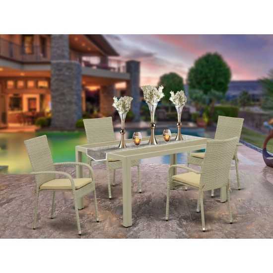 5Pc Outdoor-Furniture Natural Color Wicker Dining Set, Patio Table, 4 Balcony Backyard Armchair, Cushion