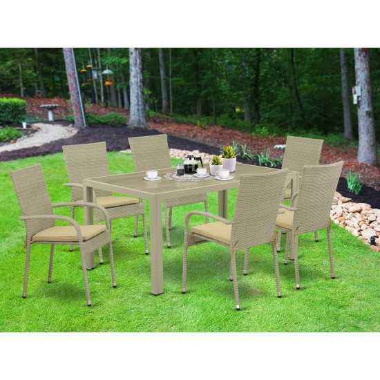 7Pc Outdoor-Furniture Natural Color Wicker Dining Set, Patio Table, 6 Balcony Backyard Armchair, Cushion